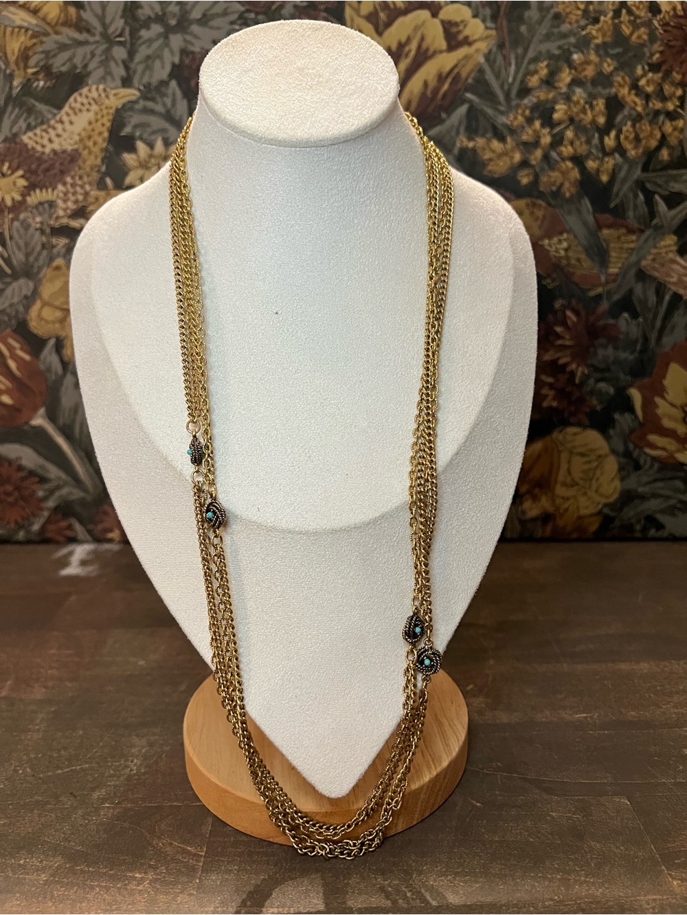 Long Gold-Tone Layered Necklace with Teal Accent Beads